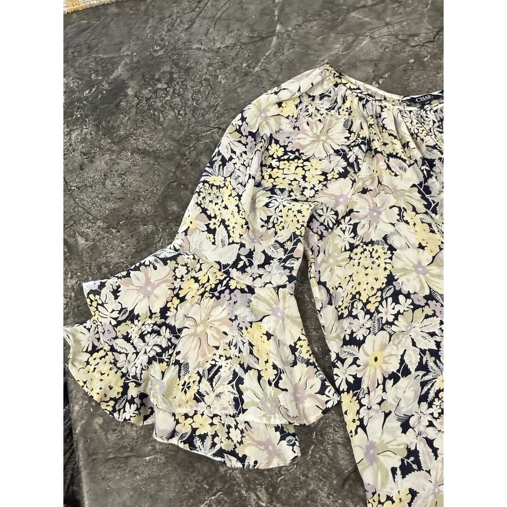 Chaps Womens Tunic Floral Top Keyhole Multi-Color Bell Sleeve Peasant Flowy L - Picture 6 of 14